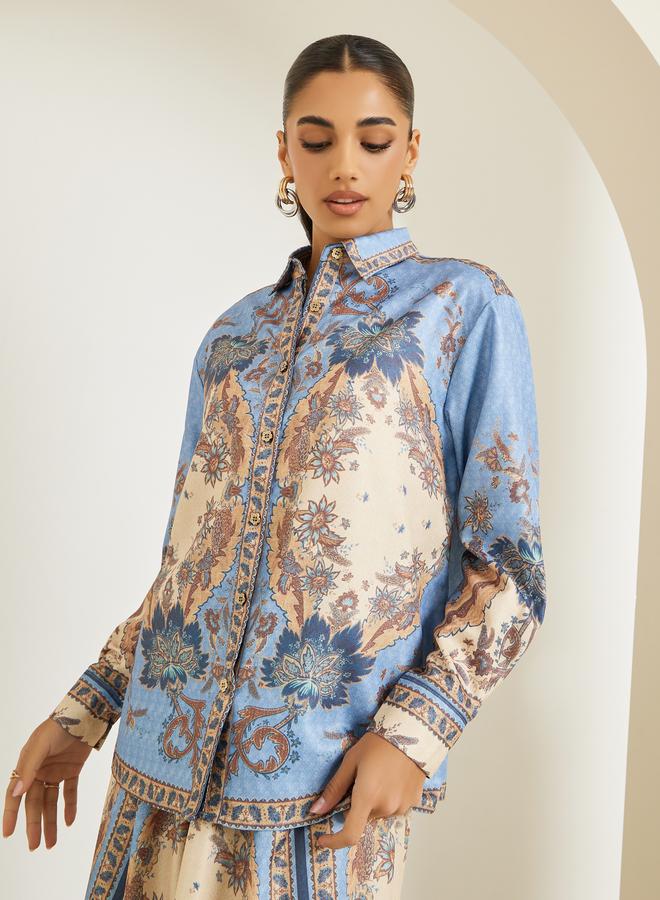 ستايلي طقم منسق من تنورة طويلة وبلوزة مطبعة بأزرار غلق - Image 2